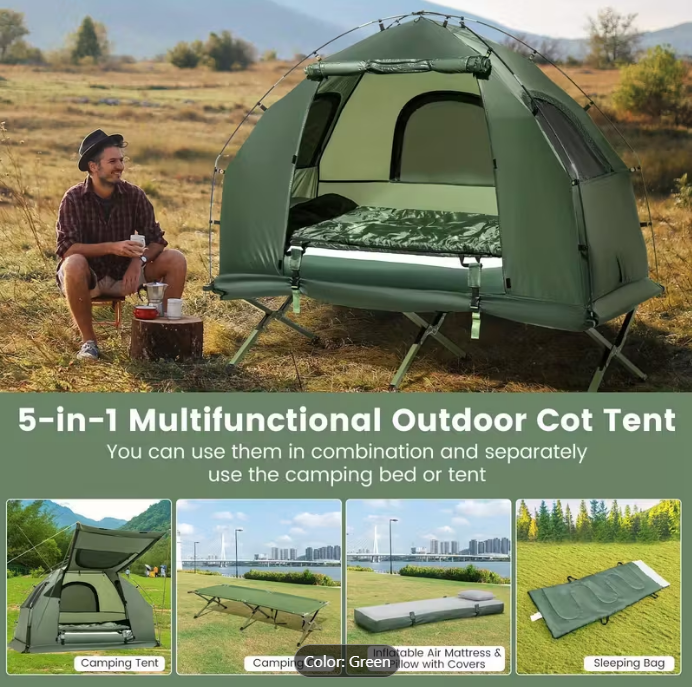 COSTWAY 5-in-1 Camping Tent Stretcher Single Portable Pop-up Tent Cot w/Air Mattress Sleeping Bag 194cm