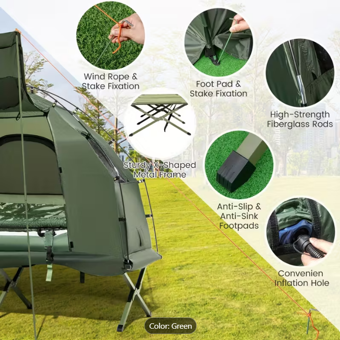 COSTWAY 5-in-1 Camping Tent Stretcher Single Portable Pop-up Tent Cot w/Air Mattress Sleeping Bag 194cm