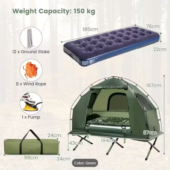 COSTWAY 5-in-1 Camping Tent Stretcher Single Portable Pop-up Tent Cot w/Air Mattress Sleeping Bag 194cm