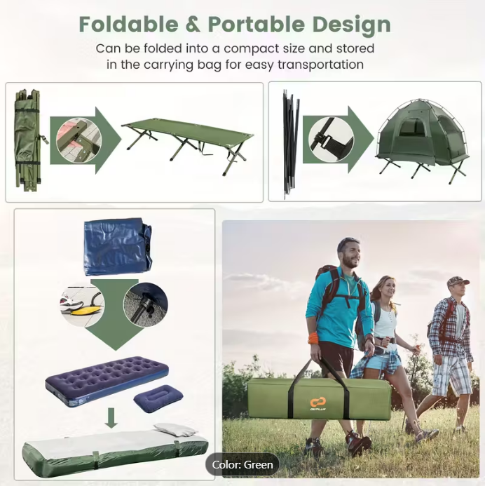 COSTWAY 5-in-1 Camping Tent Stretcher Single Portable Pop-up Tent Cot w/Air Mattress Sleeping Bag 194cm